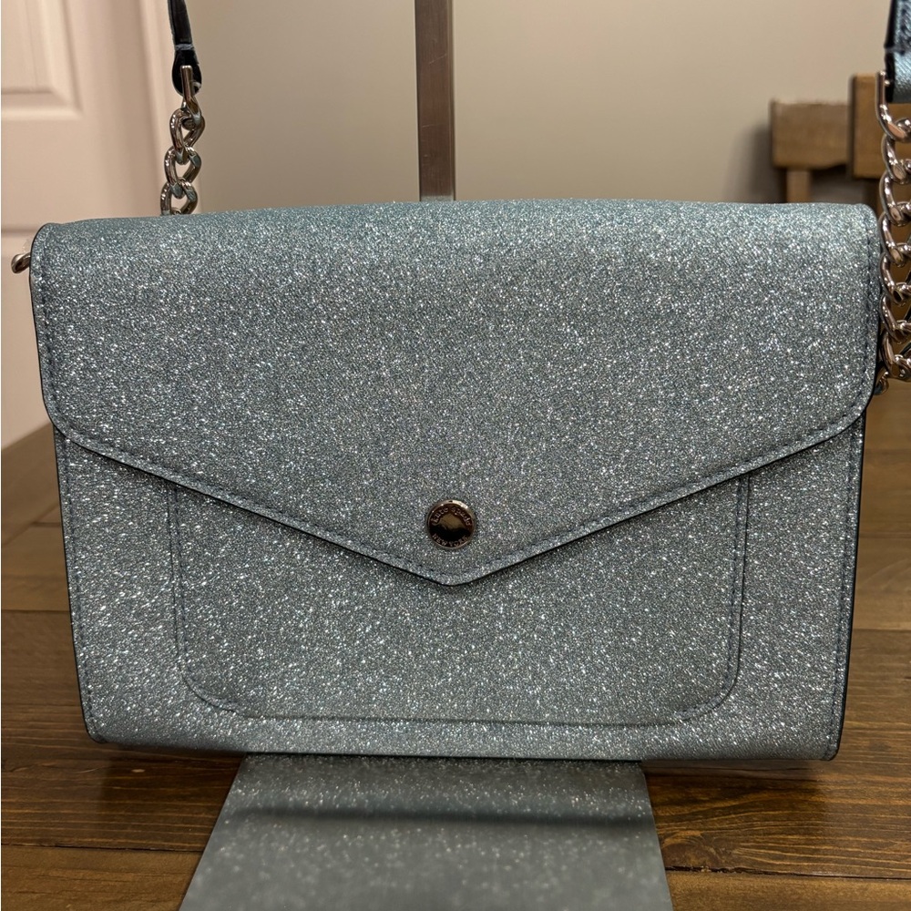 Kate Spade Tinsel Flap Glitter Crossbody Bag in Frosty Sky Blue NWOT